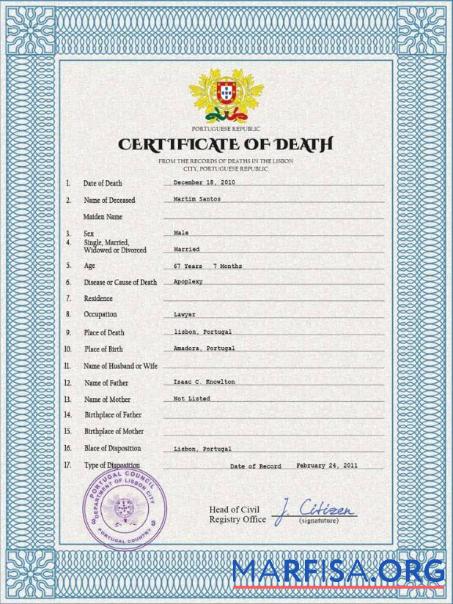 Downloadable Portugal death certificate PSD template